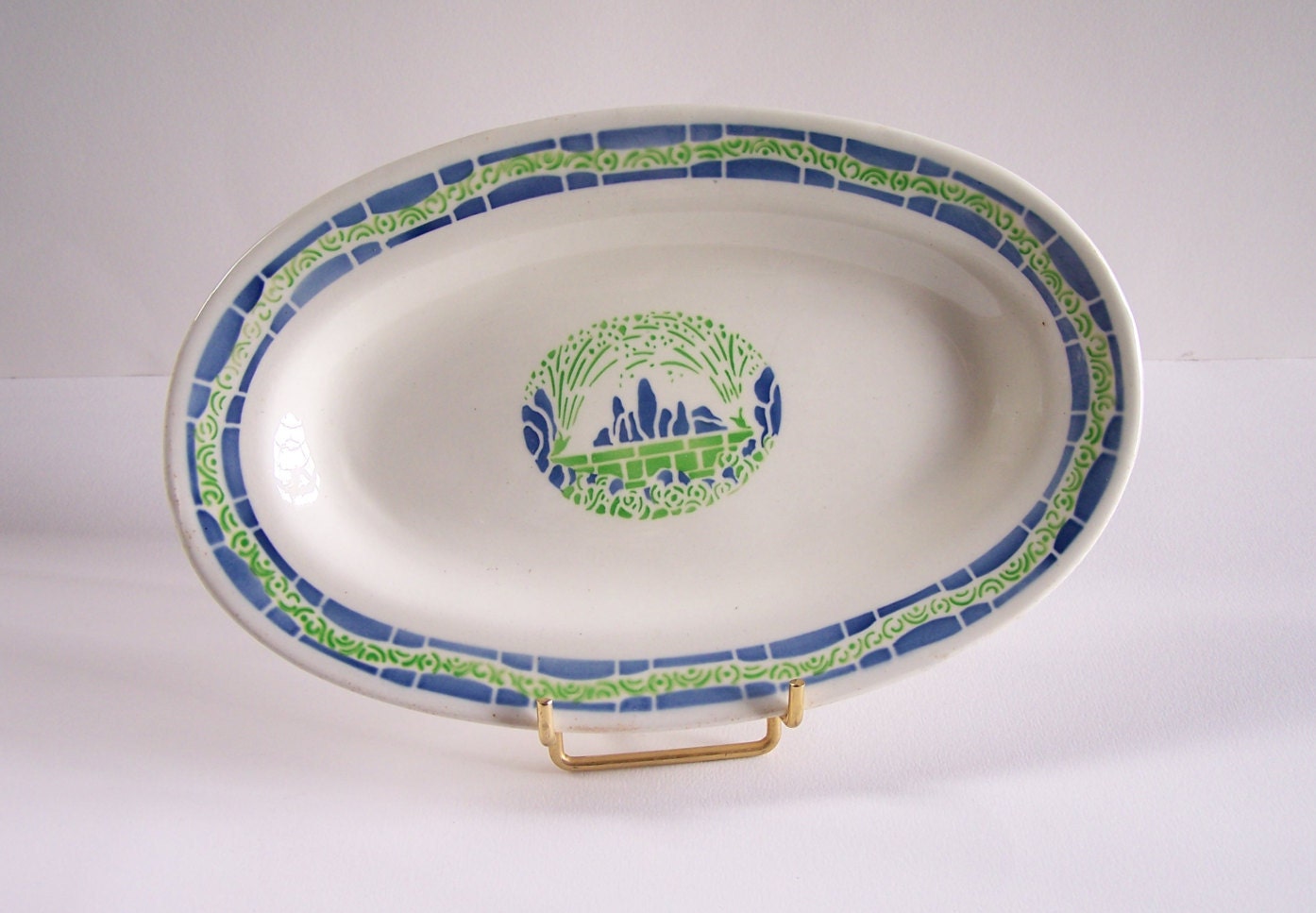 Plat de Service Creil et Montereau H.b.c.m.plat Ovale Ravier Décor Jardin 1930 Art Déco Vert Bleu Vi