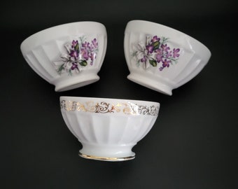 Porcelaine de Longchamp 3 bols à côtes à décor de pensées sauvages vintage Made in France