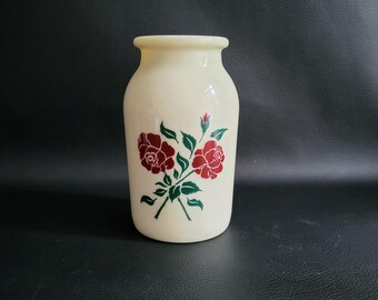 Milk glass vase red roses and green leaves pattern vase vintage  Made in France