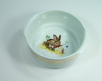 Baby bowl Ears bowl Cereals bowl fire porcelain rabbit pattern Children tableware Rabbit, carrot and mouse pattern vintage  Made in France