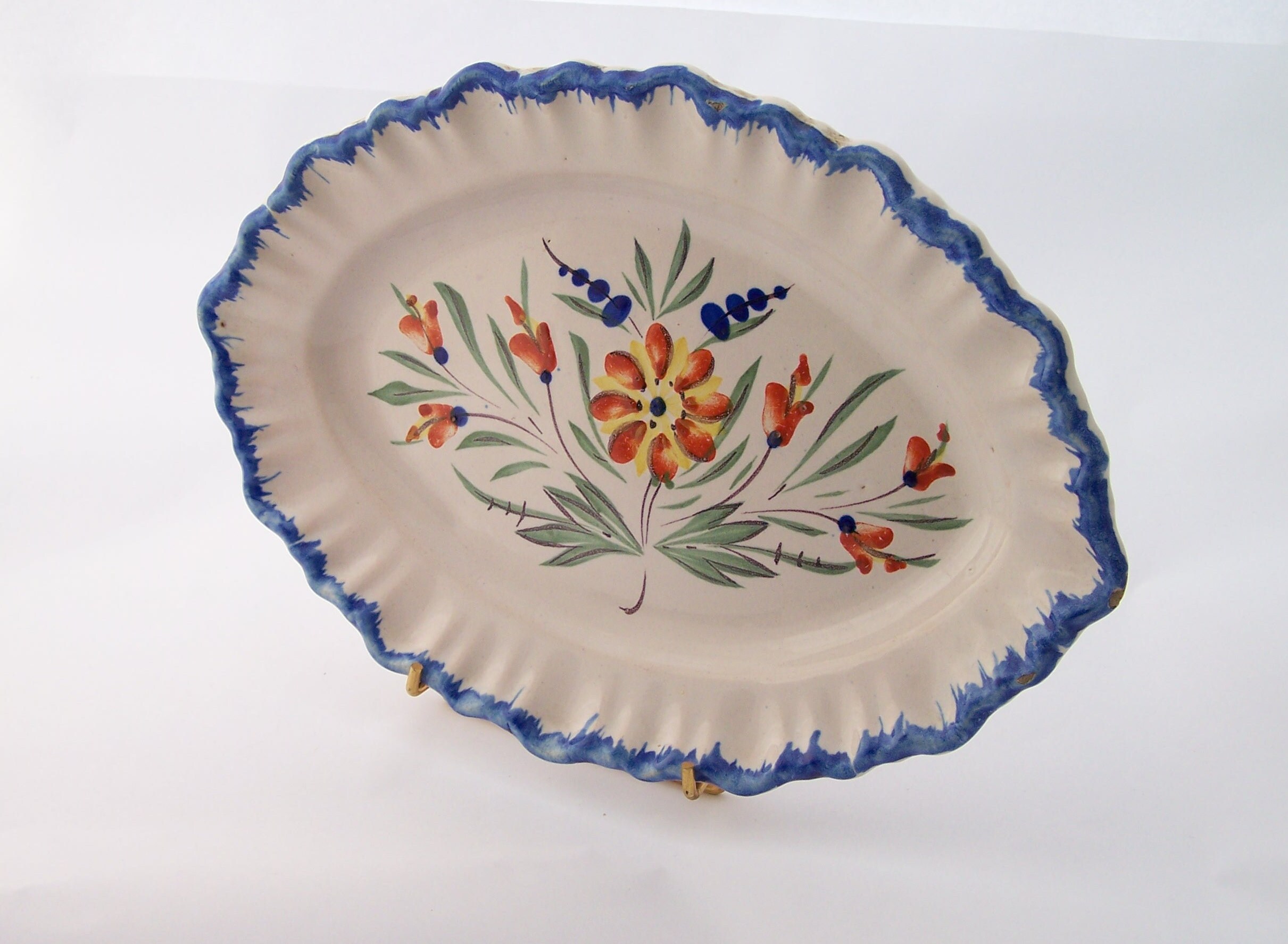 Plat de Service Oblong Aile Chantournée à Décor Fleuri Ancien Bordures Bleues Vintage Xixème