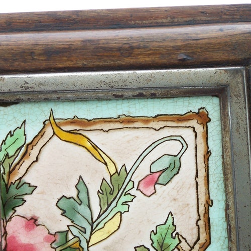 Art Nouveau Table mat poppy tile and oak tree earthenware table mat 1920 rectangular old shops table mat poppy pattern vintage