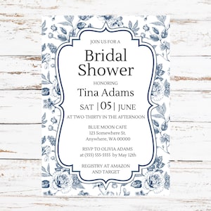 Customizable Chinoiserie Bridal Shower Invitation | Elegant Blue and White Floral Design | Instant Download Canva Template