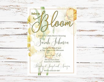 カスタマイズ可能な Baby in Bloom | 黄色の花柄ベビーシャワー招待状 | 編集可能な Canva テンプレート