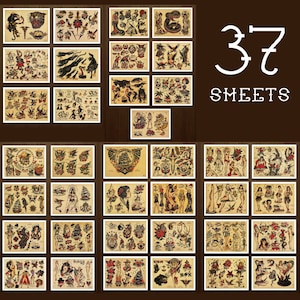 May include: A collection of 37 sheets of vintage-style tattoo flash art. The designs feature classic tattoo motifs, including animals, nautical themes, and pin-up girls, in a traditional color palette.