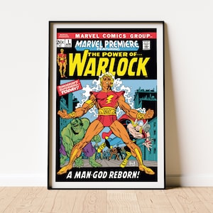May include: Framed comic book cover for Marvel Premiere featuring Warlock. The cover art shows a central figure in red and gold, with Hulk and Thor in the background. Text includes "The Power of Warlock" and "A Man God Reborn!"