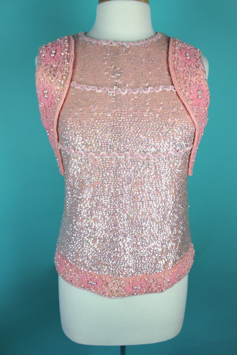 60/'s Sequined Top Early 60/'s Petal Pink Beaded And Sequined Cocktail Top 60/'s Evening Top