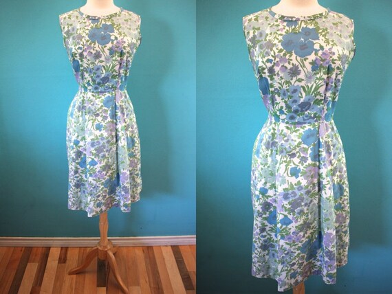 60's Day Dress Early 60's Cool Tones Floral Summ