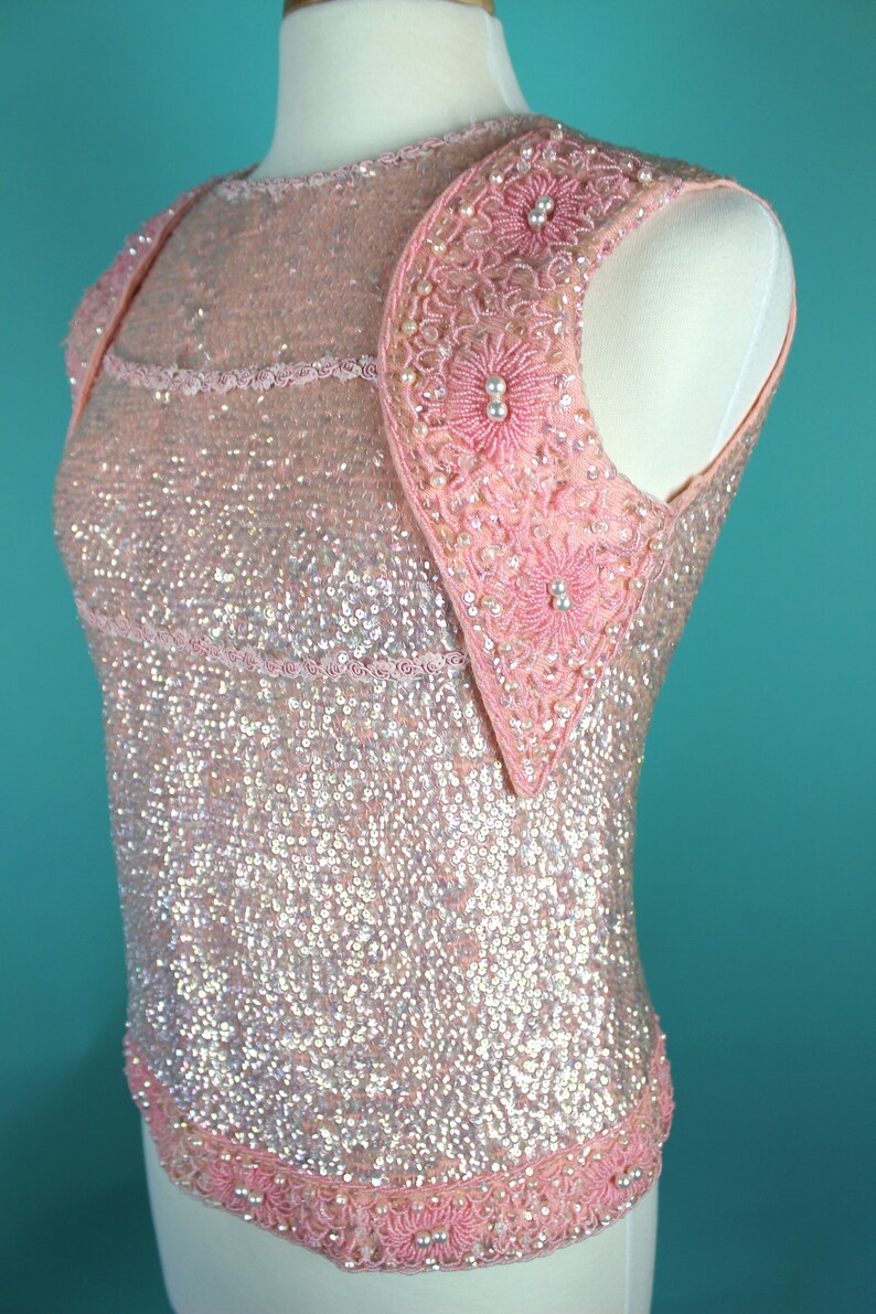 60/'s Sequined Top Early 60/'s Petal Pink Beaded And Sequined Cocktail Top 60/'s Evening Top