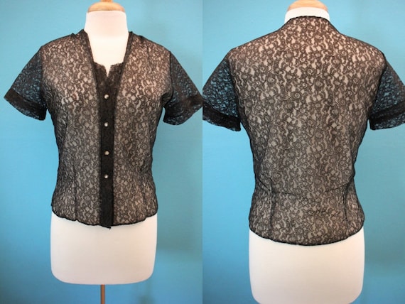 50's Blouse Sheer Black Lace 50's Button Up Blou