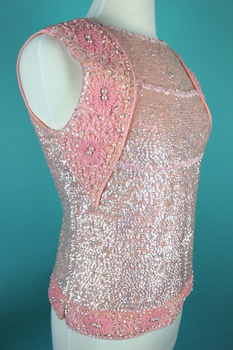 60/'s Sequined Top     Early 60/'s Petal Pink Beaded And Sequined Cocktail Top 60/'s Evening Top