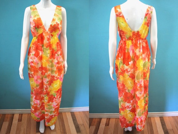 60's Nightgown 1960's Sheer Tropical Floral Nylon