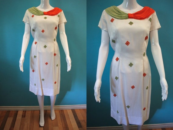 50's Dress 50's White Linen Summer Day Dress With