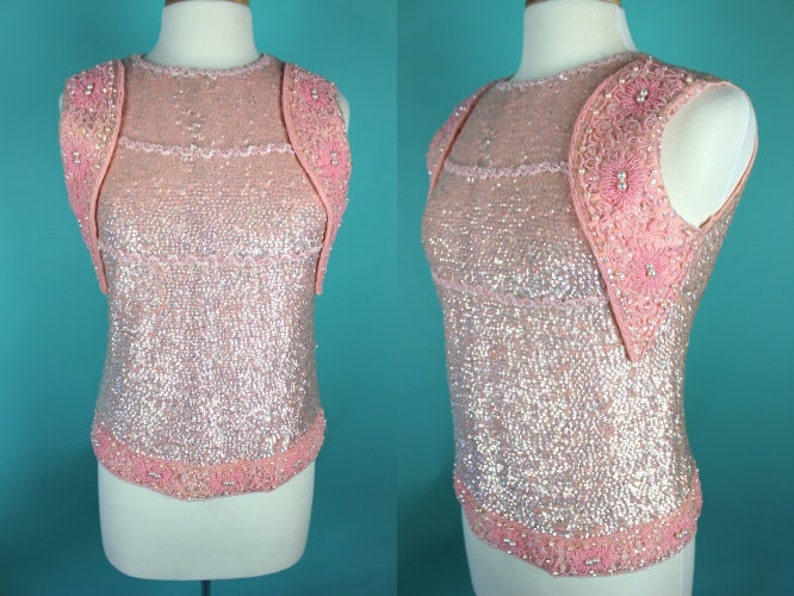 60/'s Sequined Top Early 60/'s Petal Pink Beaded And Sequined Cocktail Top 60/'s Evening Top