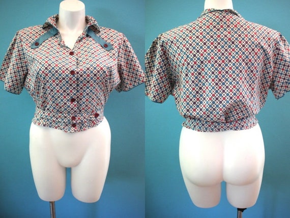 40's Blouse 1940's Cotton Day Blouse With Belt Siz