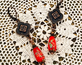 Japanese Tombo Bead Earrings, Rusted Iron Pewter, Red Earrings, Dangle Earrings, Handmade Jewelry, Gift for Her, Free Shipping