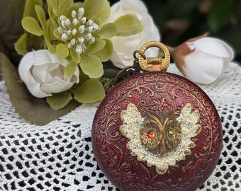 Vintage Hand Painted Brass Owl Locket Necklace, Czech Glass Beads, 25 Inch Chain