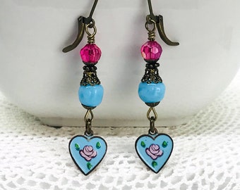 Handmade Earrings, Vintage Enameled, Heart Earrings, Aqua Blue and Pink Rose, Hand-Painted Floral Drops, Dangle Earrings, Free Shipping