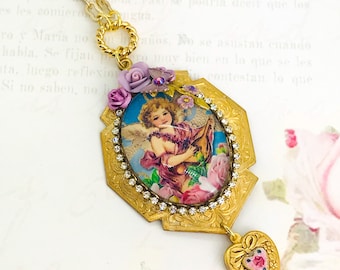 Angel Necklace, Vintage Angel Focal, Assemblage Necklace, Statement Necklace, Handmade Jewelry, One of a Kind, Gift for Her, Free Shipping