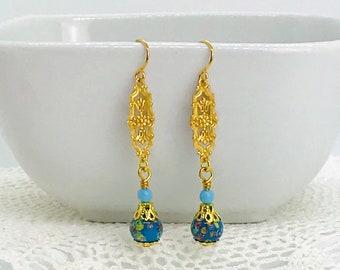 Japanese Tombo Earrings, Opaque Turquoise, Filigree Earrings, Dangle Earrings, Handmade Earrings, Vintage Style Earrings, Gift for Her