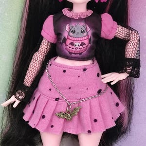 Pink Bat Outfit for  Monster G3, Bratz, Rainbow High, Blythe, Pullip • Pastel Goth Creepy Cute Doll Clothes • Handmade Custom Punk Set