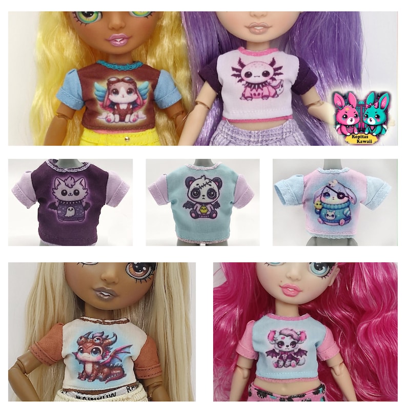 K&ouml;nnte beinhalten: Eine Sammlung von Puppen-T-Shirts mit verschiedenen Cartoon-Tierdesigns. Die Shirts haben kurze &Auml;rmel und sind in Farben wie Braun, Lila, Blau und Rosa gehalten. Einige Shirts zeigen Bilder eines gefl&uuml;gelten Wesens, eines Axolotls, einer Katze, eines Pandas und eines Drachen.