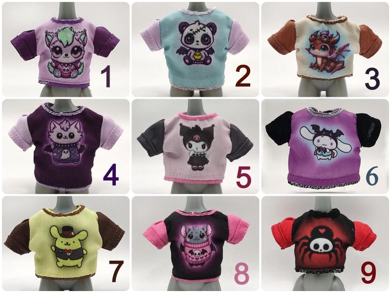 K&ouml;nnte beinhalten: Neun puppenkleine T-Shirts mit verschiedenen Cartoon-Charakter-Designs. Jedes Shirt hat eine andere Grafik, darunter ein Panda, ein Drache, eine Katze und eine Spinne. Die Shirts haben kurze &Auml;rmel und sind in verschiedenen Farben wie Lila, Rosa und Schwarz erh&auml;ltlich.