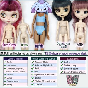 K&ouml;nnte beinhalten: Das Bild zeigt verschiedene Puppen und Puppenk&ouml;rper, darunter Pure Neemo, Blythe, Barbie, Obitsu 27cm und Pullip. Das Bild listet auch Puppenmarken wie Monster High G3, Rainbow High und Darbie Doll auf, mit einem zweisprachigen Text.