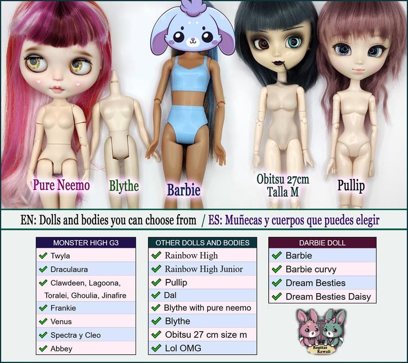 K&ouml;nnte beinhalten: Das Bild zeigt verschiedene Puppen und Puppenk&ouml;rper, darunter Pure Neemo, Blythe, Barbie, Obitsu 27cm und Pullip. Das Bild listet auch Puppenmarken wie Monster High G3, Rainbow High und Darbie Doll auf, mit einem zweisprachigen Text.