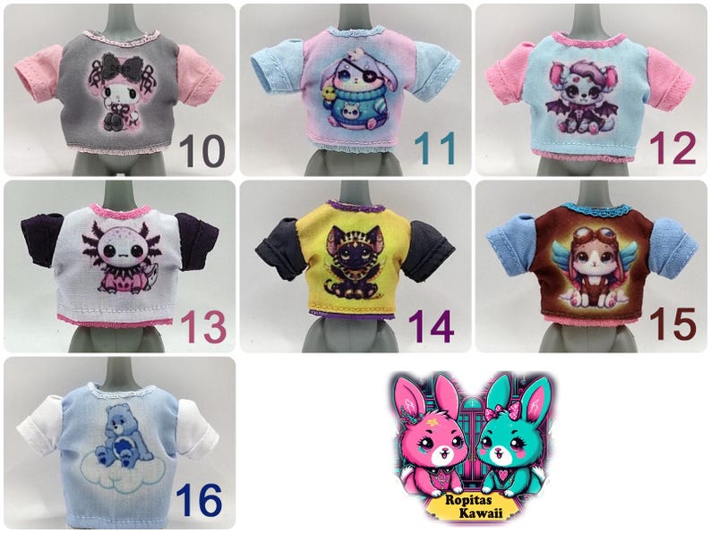 K&ouml;nnte beinhalten: Eine Sammlung von T-Shirts f&uuml;r Puppen mit verschiedenen Cartoon-Tierdesigns. Jedes Shirt hat kurze &Auml;rmel und ein einzigartiges Motiv, darunter eine Katze, ein Axolotl und ein Hase. Die Farbpalette umfasst Rosa, Blau, Gelb und Grau.