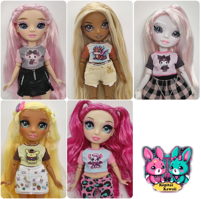 K&ouml;nnte beinhalten: Eine Collage von sechs Puppen mit verschiedenen Frisuren und Outfits. Die Puppen haben gro&szlig;e Augen und tragen T-Shirts mit grafischen Designs, R&ouml;cke, Shorts und gemusterte Hosen. Das Bild enth&auml;lt auch eine Cartoon-Grafik von zwei Kaninchen mit dem Text "Ropitas Kawaii".