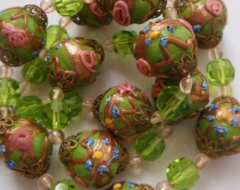 Pr Vintage Venetian Murano Millefiori Beads Aventurine White Square Rectangles