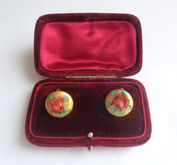 Antique Box with Handpainted & Gilded Rose Earrin… - image 4