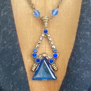 Art Deco Czech Blue Glass 28” Long Flapper Necklace ~ Antique 1920&#39;s Czech Glass Pendant Necklace