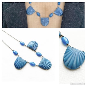 Vintage Art Deco Czech Glass Sunburst Necklace ~ Bohemian Molded Blue Glass Necklace