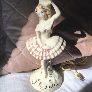 True Vintage Stunning Shabby Chic Pink Cream Gilded Accents ~ Ballerina Lamp ~ Bedroom Boudoir Table Light