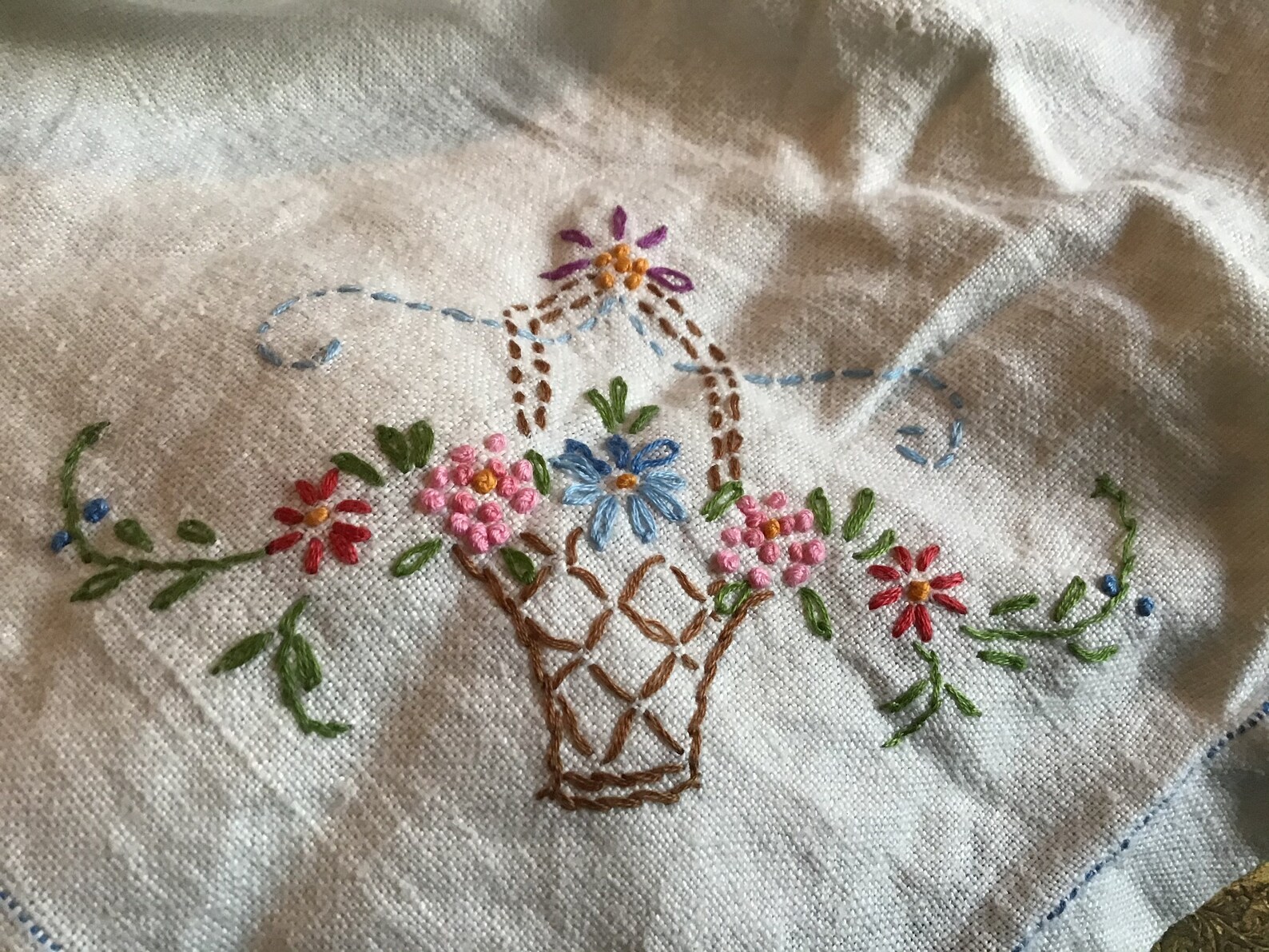 Vintage Linen Embroidered Tablecloth Floral Shabby Chic Design Etsy
