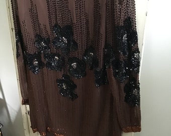 Vintage Oleg Cassini Silk Tunic Top, Beaded Sequin Floral Design (Size Medium) Top Mini Dress Designer Clothing