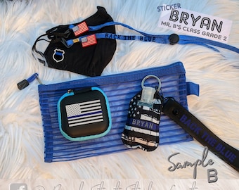 COVID KITS: Mask Pouch, Used Mask (or Pencil) Holder, Mask, Lanyard, Sanitizer Holder, Keychain, Wristlet & Sticker. Thin Blue Line, Police