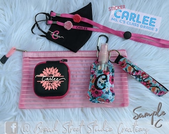 COVID KITS: Mask Pouch, Used Mask (or Pencil) Holder, Mask, Lanyard, Sanitizer Holder, Keychain, Wristlet & Sticker. Child/Adult, Flowers