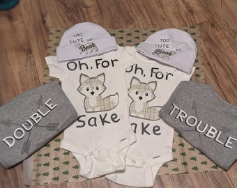 TWINS MATCHING SET Bodysuit, Bib, Hat. Shower Gift, funny