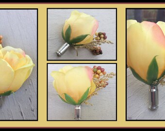 Yellow Rose Bullet Casing Boutonniere Wedding . Groom . Groomsmen . Hunting . Army . Police . Camo . Military