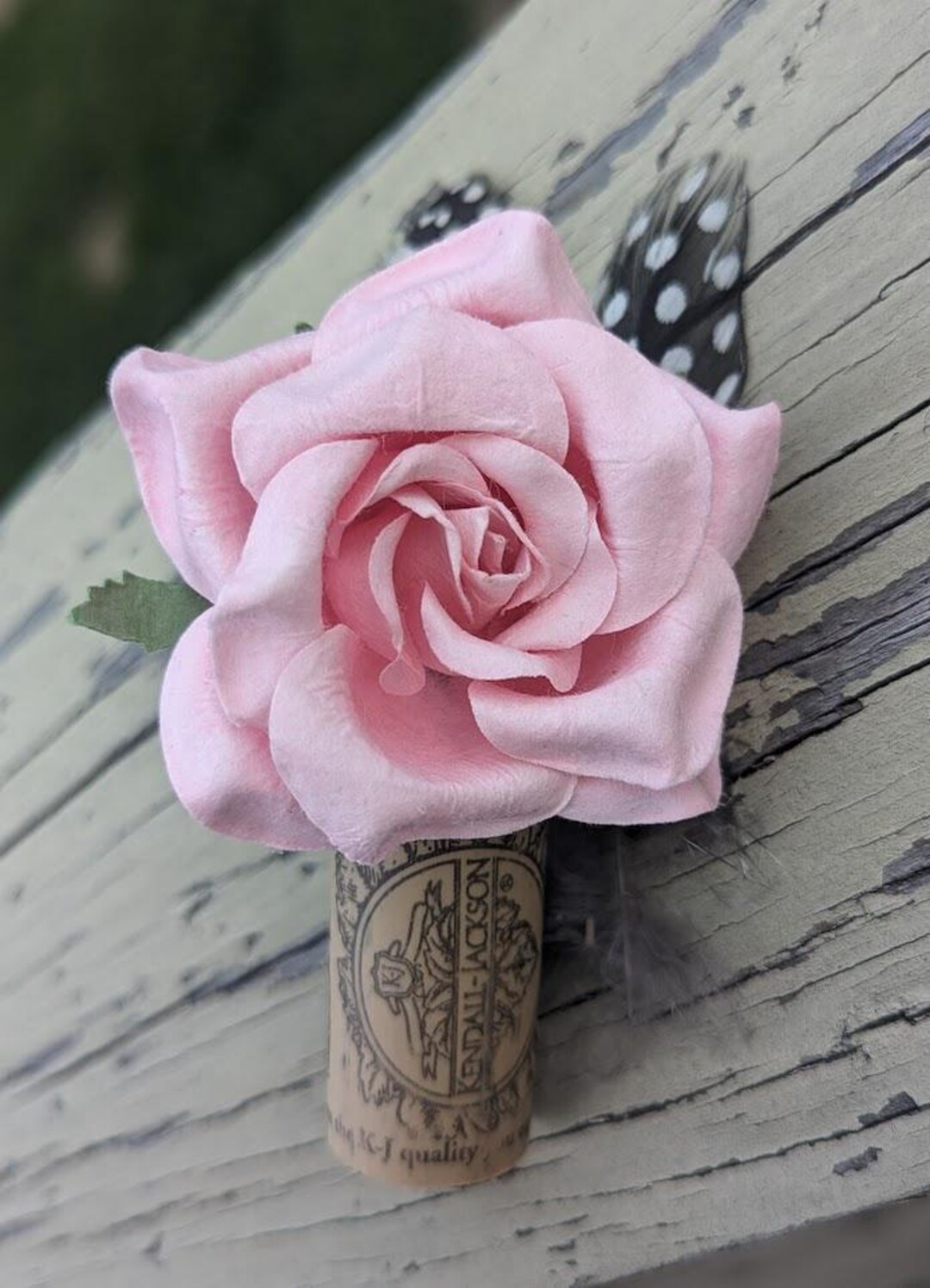 Pink Roses Cork Medium Size Pink Rose Wine Cork Boutonniere With Guinea Feathers ...