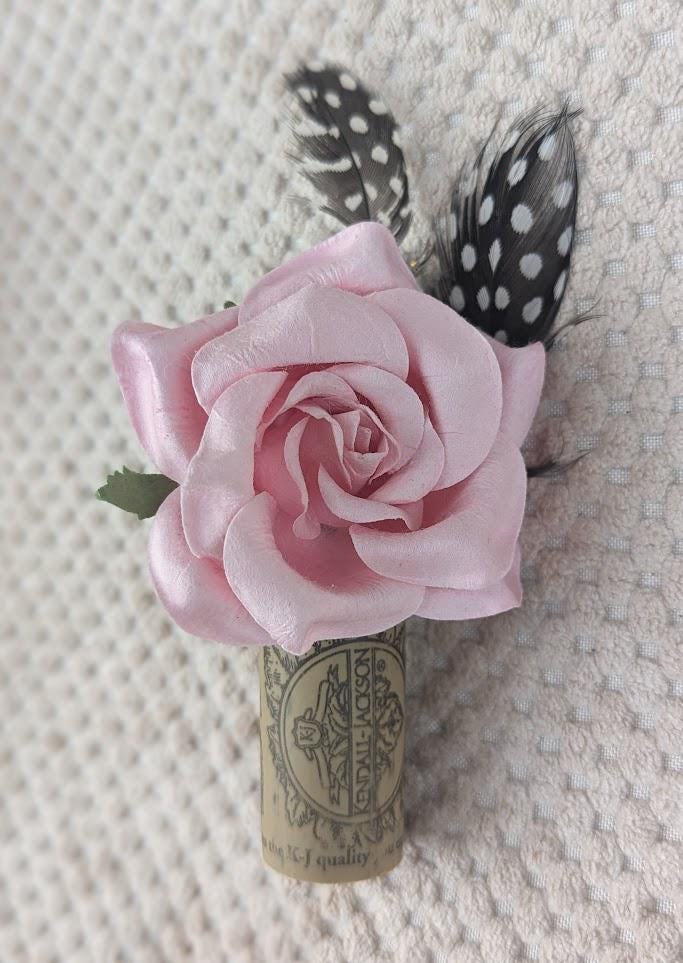 Pink Roses Cork Medium Size Pink Rose Wine Cork Boutonniere With Guinea Feathers ...
