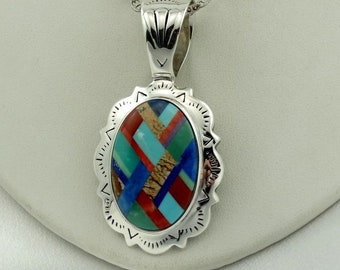 Stunning Shube Mfg. Vintage Sterling Silver Multi-Colored Stone Inlay Pendant FREE SHIPPING! With 18" Sterling Silver Chain! #HM-SPC14