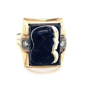 Mooie zwart-witte Romeinse dubbele cameo vintage 10K geelgoud en diamanten ringmaat 9 1/2 GRATIS VERZENDING! #DOUBLE-GR8