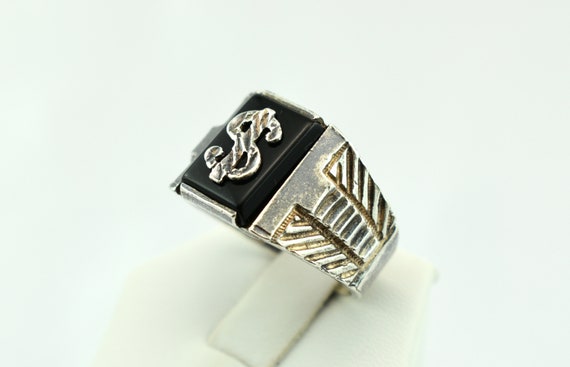 Vintage Sterling Silver and Onyx Dollar Sign Desi… - image 3