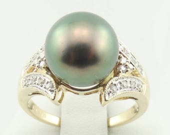 Stunning Black South Sea Pearl Vintage 14K Gold And Diamond Ring Size 7 1/4 FREE SHIPPING!  #BLACK1-SR