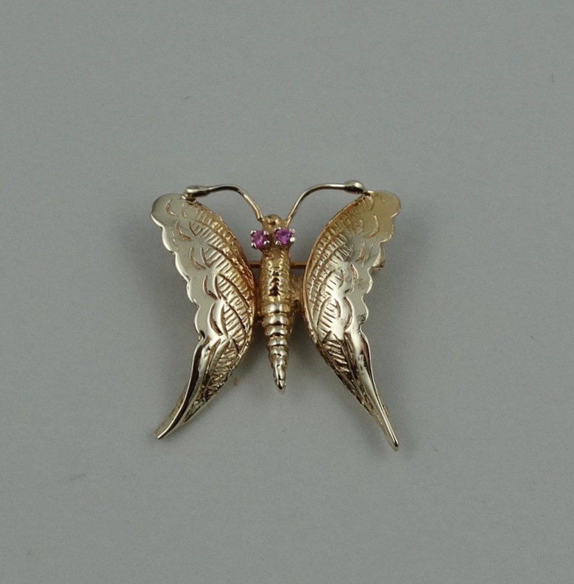 Vintage Butterfly Pin in 14K Yellow Gold and Rubies FREE Etsy