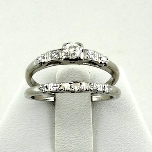 Stunning Affordable Vintage Platinum and Diamond Wedding Set Size 7 3/4 FREE SHIPPING #PT30-WS